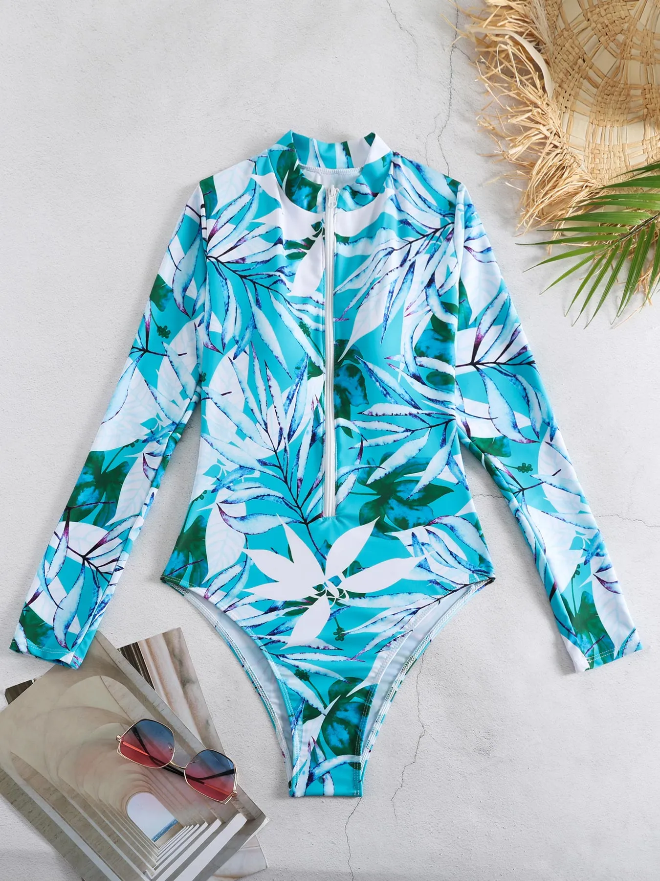 All-over leaf print long-sleeved sun protection one-piece swimsuit