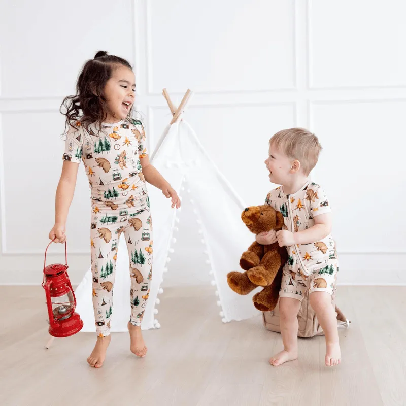 Bamboo Short Sleeve Pajama Set - Latte Camping Animals