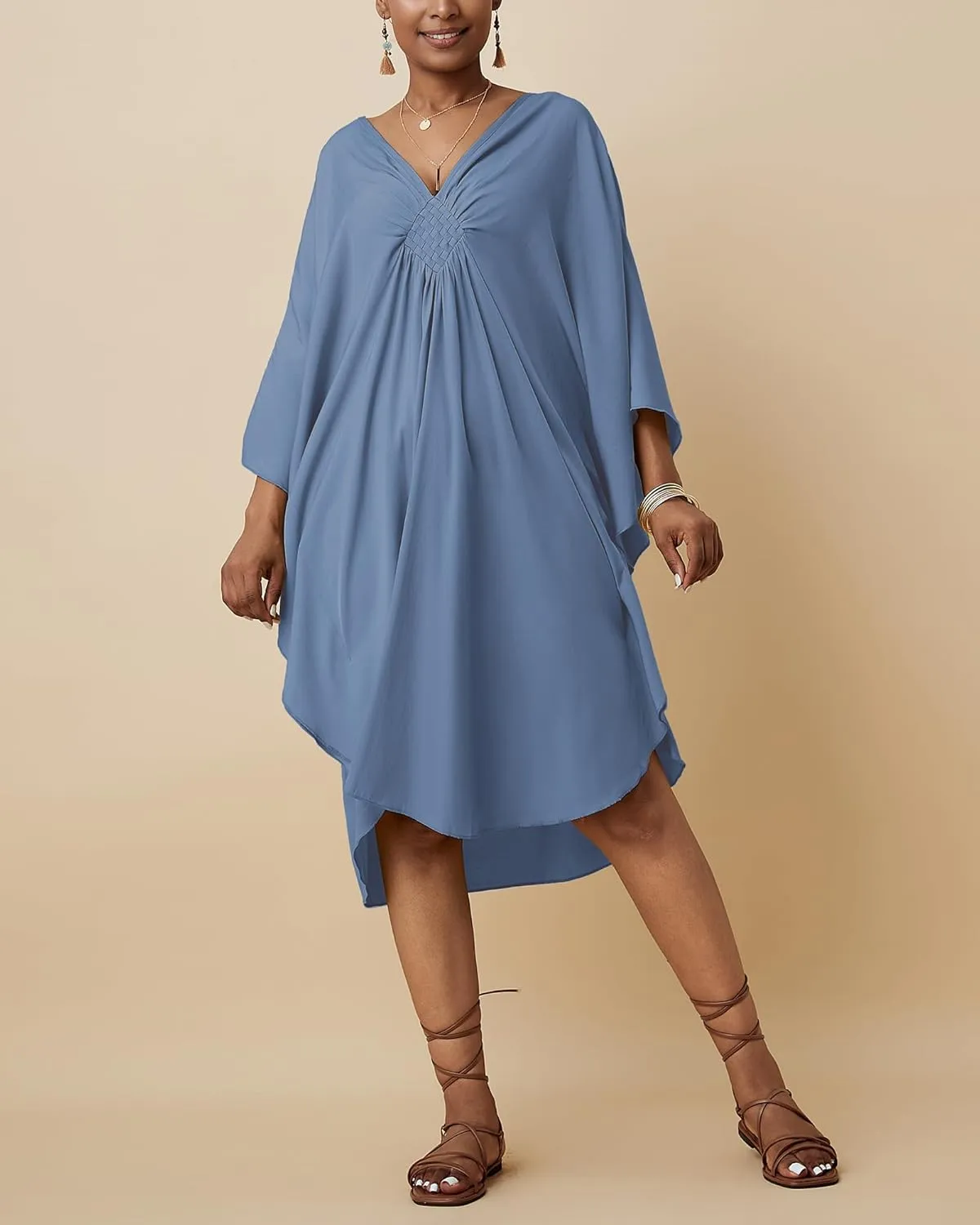 Bsubseach Short Kaftan Dresses for Women Caftan 2025 Solid Color Summer Swimsuit Cover Up V Neck Beachwear Loungewear