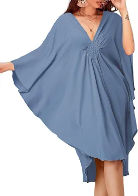 Bsubseach Short Kaftan Dresses for Women Caftan 2025 Solid Color Summer Swimsuit Cover Up V Neck Beachwear Loungewear