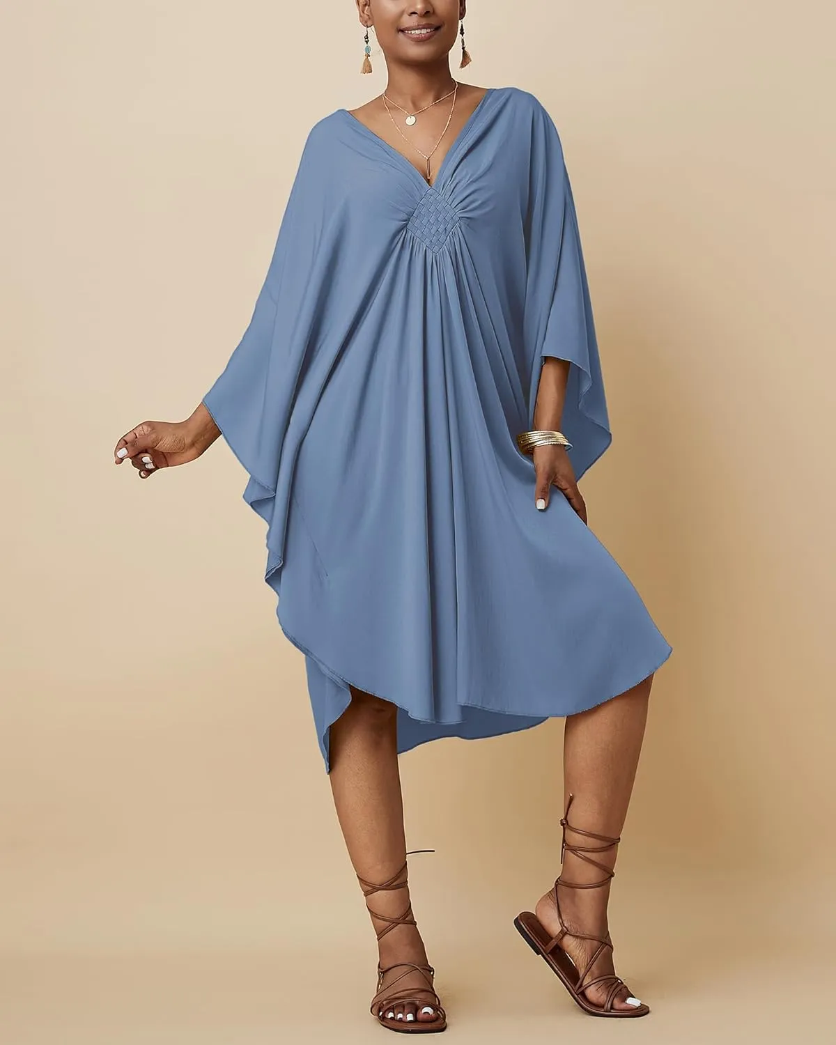Bsubseach Short Kaftan Dresses for Women Caftan 2025 Solid Color Summer Swimsuit Cover Up V Neck Beachwear Loungewear