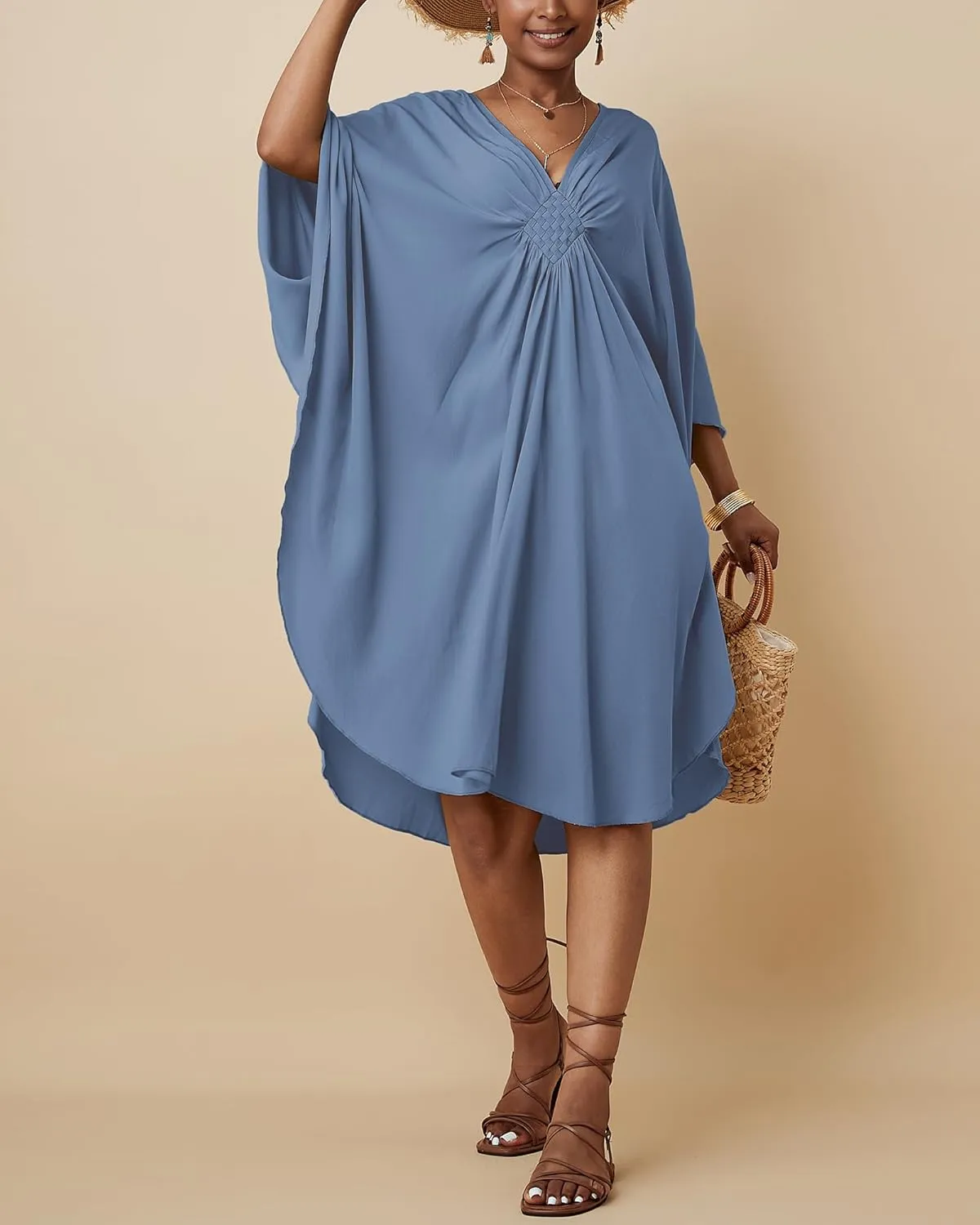 Bsubseach Short Kaftan Dresses for Women Caftan 2025 Solid Color Summer Swimsuit Cover Up V Neck Beachwear Loungewear