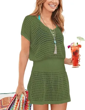 Bsubseach Women Hollow Out Beachwear Swim Cover Ups Short Sleeve V Neck Beach Vacation Tunic Dress