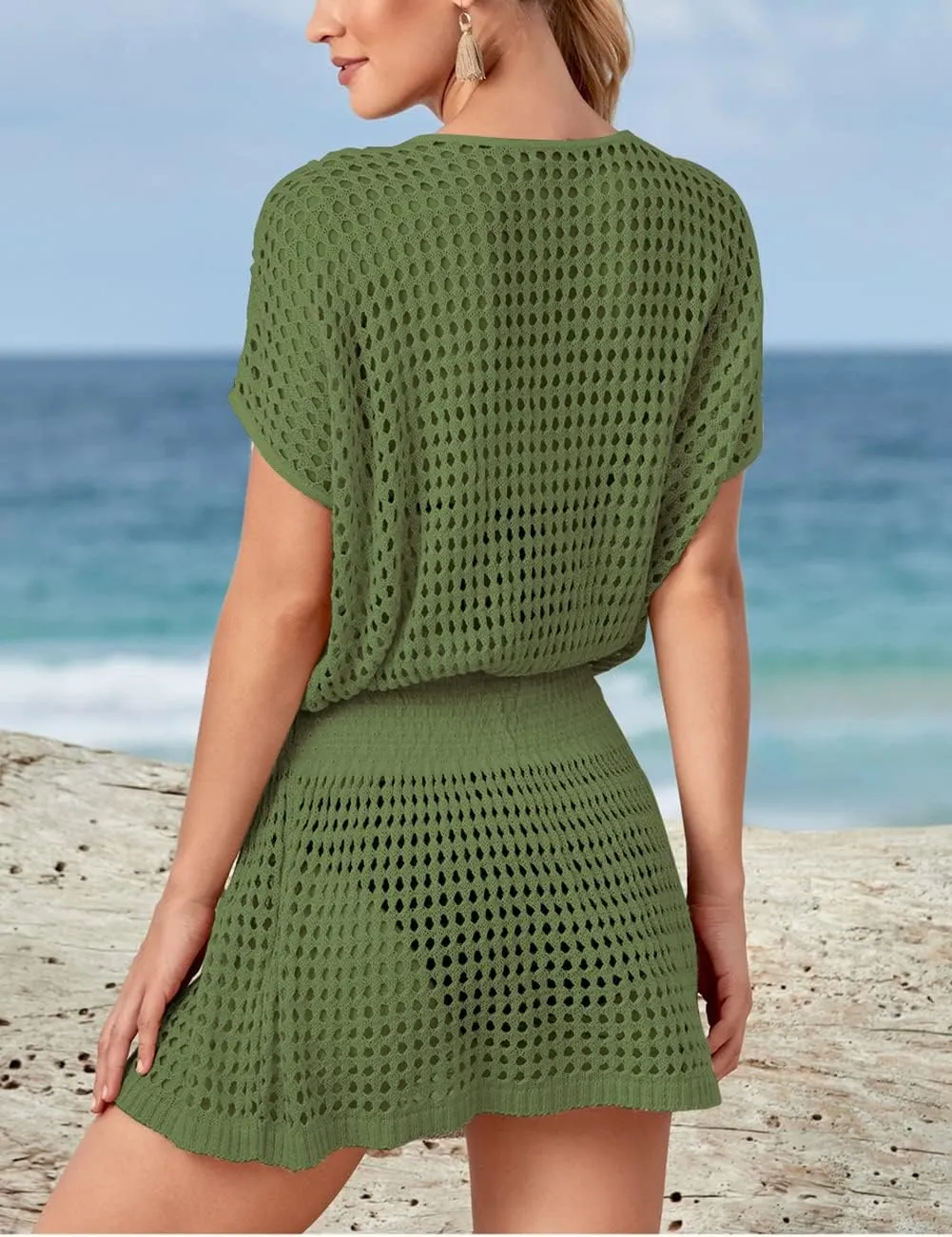 Bsubseach Women Hollow Out Beachwear Swim Cover Ups Short Sleeve V Neck Beach Vacation Tunic Dress