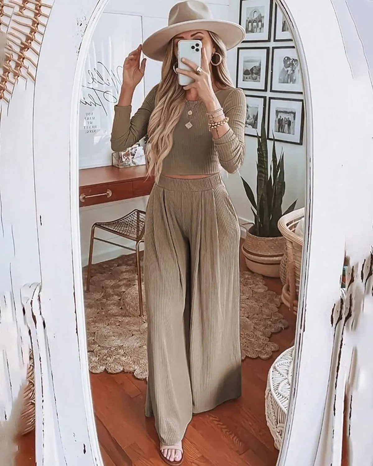 BTFBM Women's Two Piece Lounge Set Long Sleeve Bodycon Ribbed Knit Crop Top Loose Wide Leg Pant Casual Outfits Sweatsuit