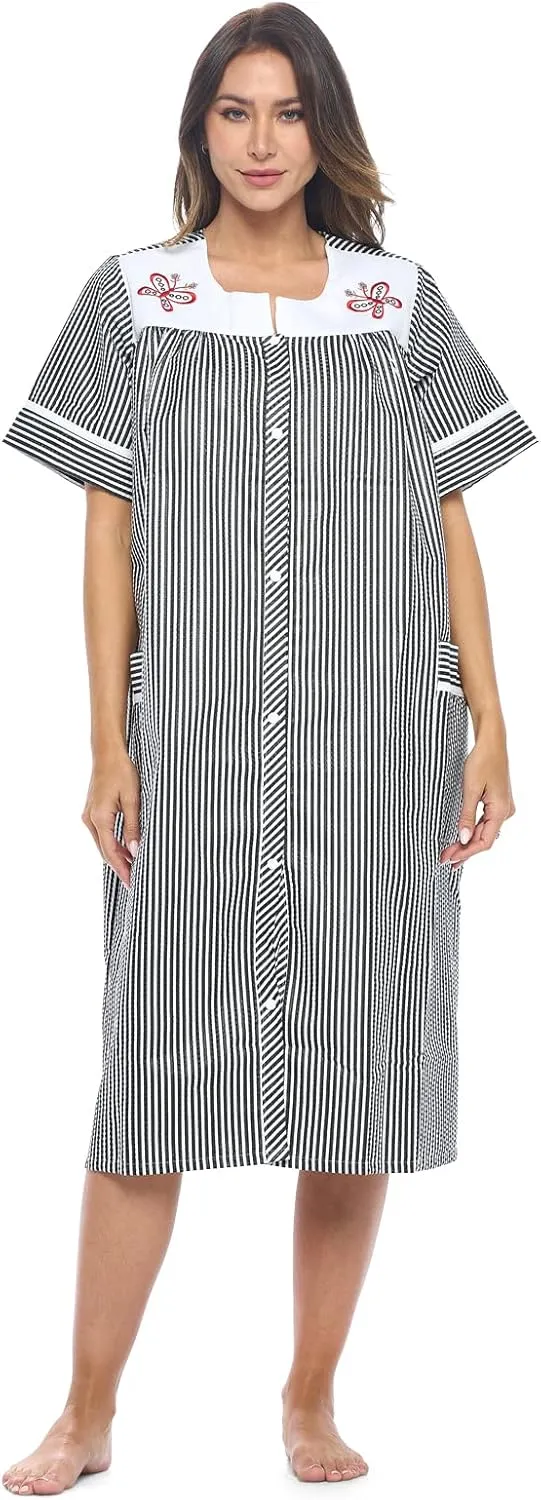 Casual Nights Women's Snap - Front House Dress Short Sleeve Woven Housecoat Duster Lounger Robe with Pockets