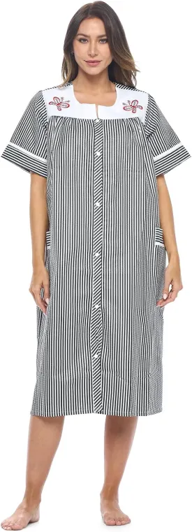 Casual Nights Women's Snap - Front House Dress Short Sleeve Woven Housecoat Duster Lounger Robe with Pockets