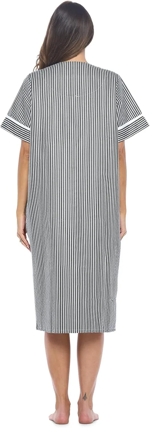 Casual Nights Women's Snap - Front House Dress Short Sleeve Woven Housecoat Duster Lounger Robe with Pockets