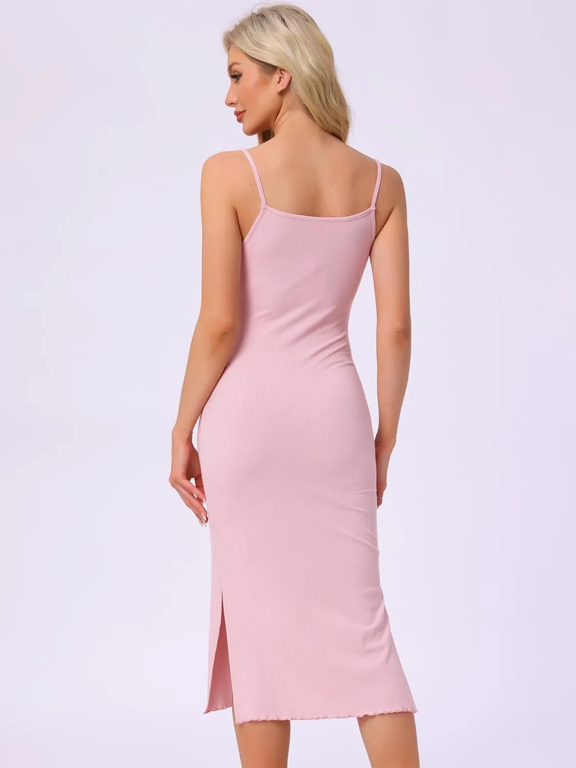 cheibear Womens Summer Sleeveless Nightgowns Bodycon Ribbed Knit Split Slit Spaghetti Strap Midi Lounge Pajama Dress