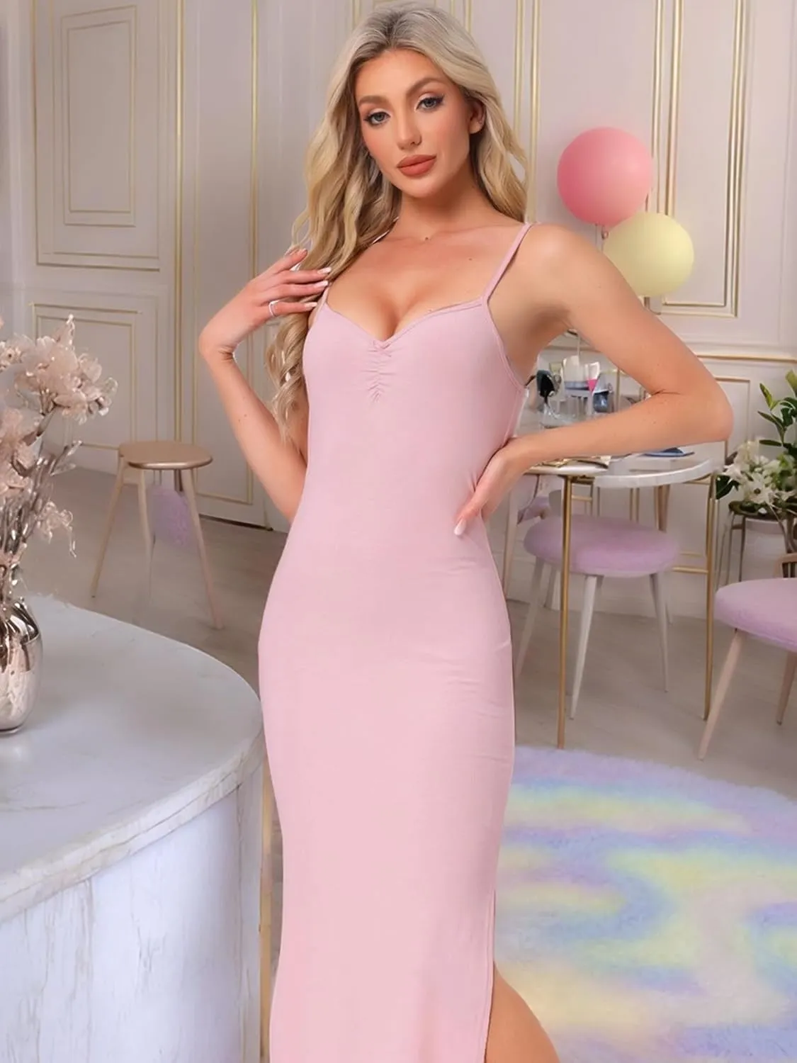 cheibear Womens Summer Sleeveless Nightgowns Bodycon Ribbed Knit Split Slit Spaghetti Strap Midi Lounge Pajama Dress
