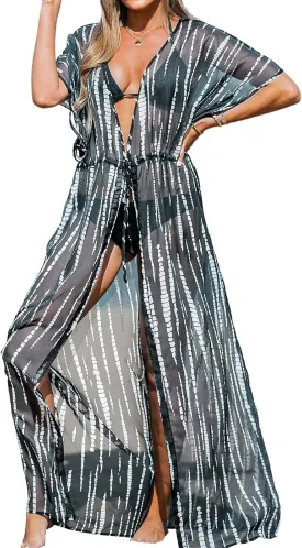 CUPSHE Kimono Swimsuit Coverup for Women Open Front Striped Maxi Cardigan Beach Cover Up