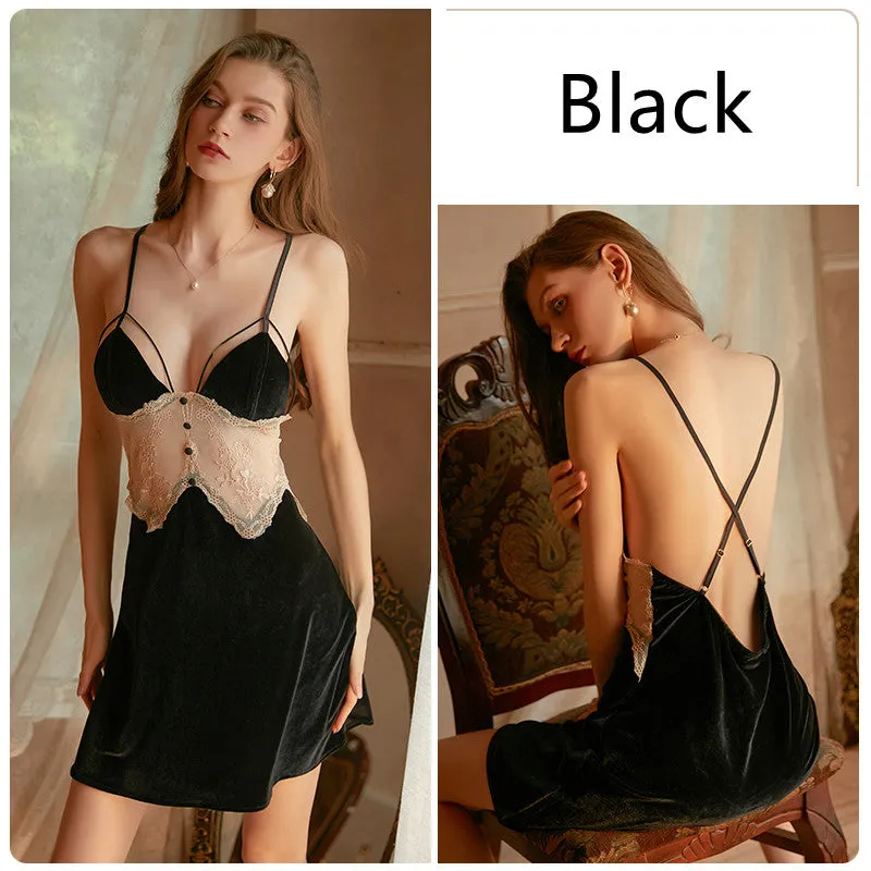 Deep V Temptation Backless Suspender Nightdress