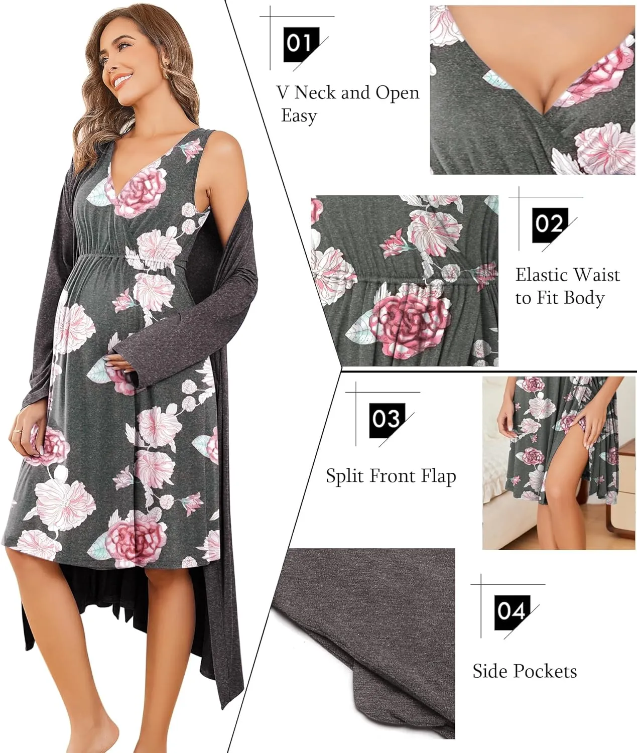 Ekouaer Maternity Nursing Gown and Robe Set Labor Delivery Nursing Nightgowns for Breastfeeding Pregnancy Clothes