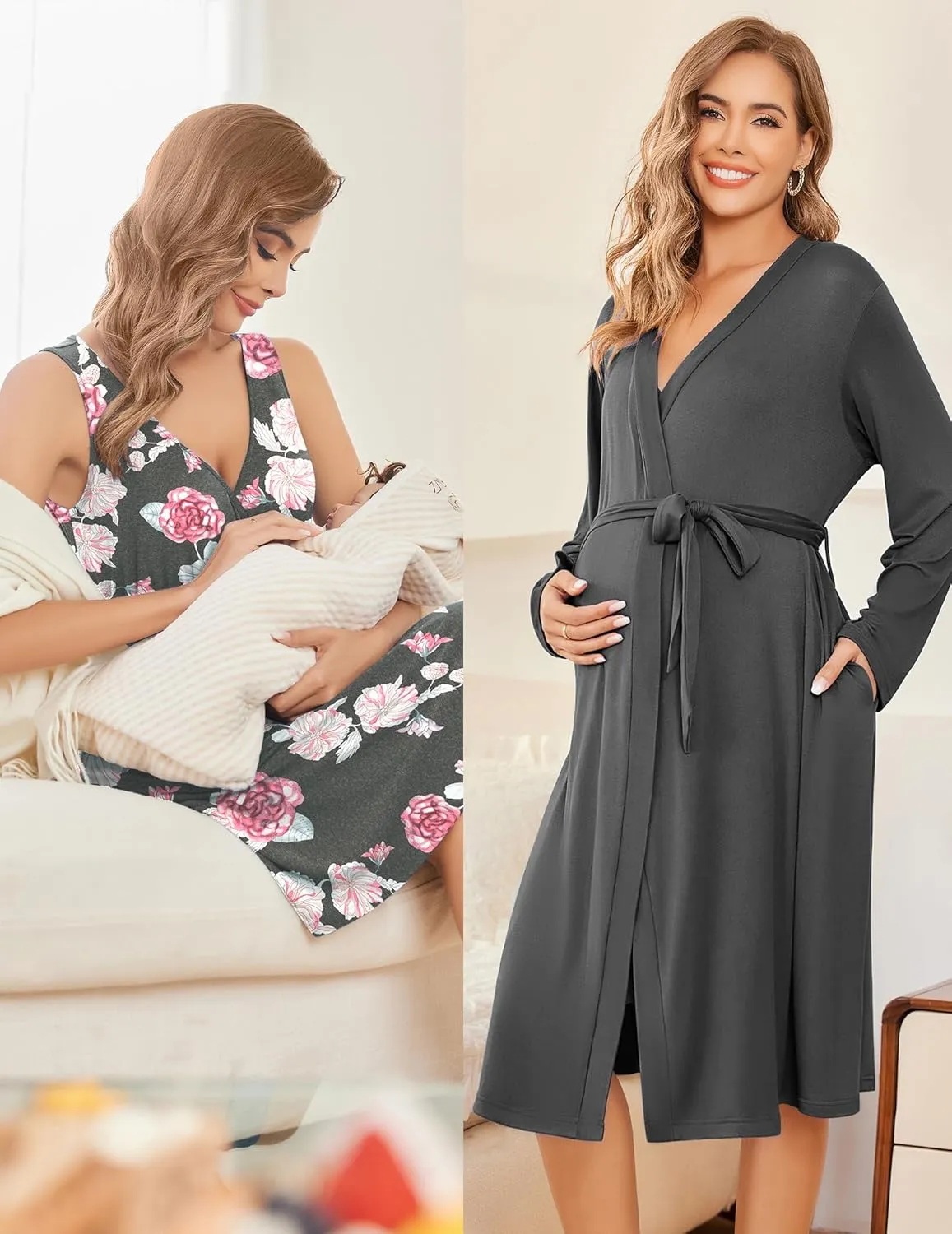 Ekouaer Maternity Nursing Gown and Robe Set Labor Delivery Nursing Nightgowns for Breastfeeding Pregnancy Clothes