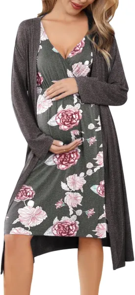 Ekouaer Maternity Nursing Gown and Robe Set Labor Delivery Nursing Nightgowns for Breastfeeding Pregnancy Clothes