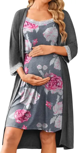 Ekouaer Women Lace Maternity Nursing Gown and 3/4 Sleeve Robe Set Double Layer Breastfeeding Nightgown Slip Dress & Bathrobe
