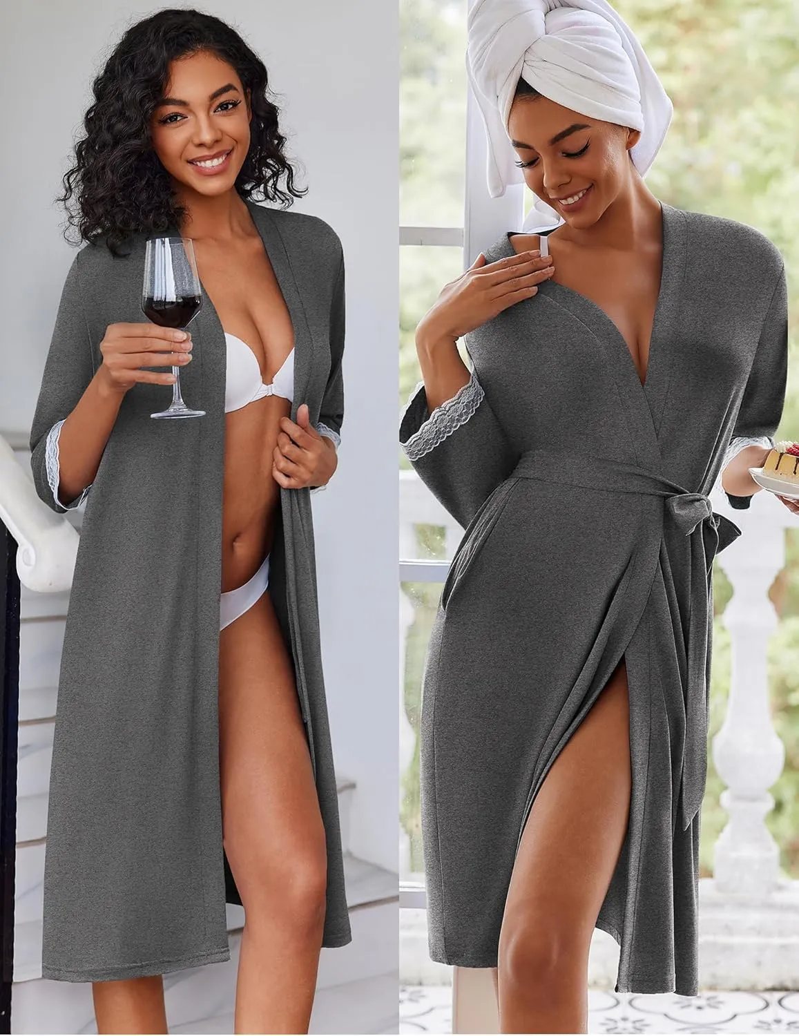 Ekouaer Women Lace Maternity Nursing Gown and 3/4 Sleeve Robe Set Double Layer Breastfeeding Nightgown Slip Dress & Bathrobe