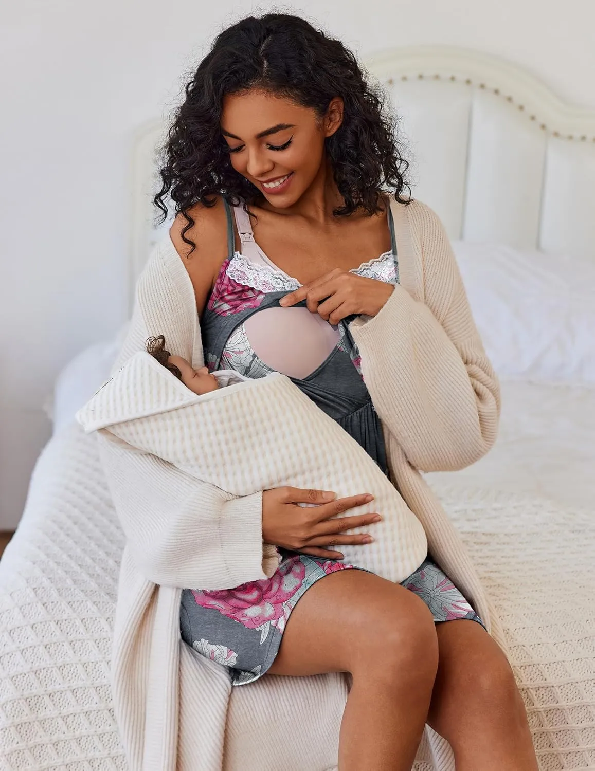 Ekouaer Women Lace Maternity Nursing Gown and 3/4 Sleeve Robe Set Double Layer Breastfeeding Nightgown Slip Dress & Bathrobe