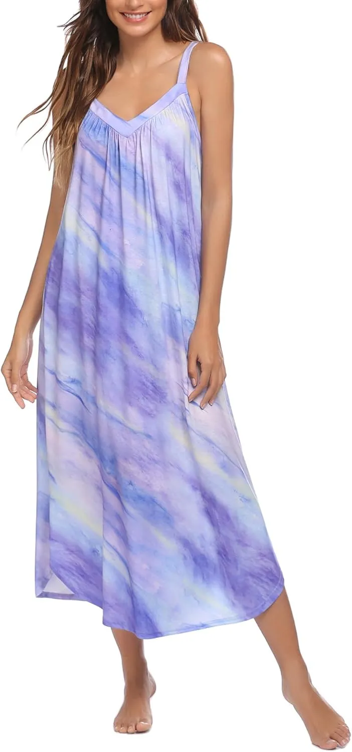 Ekouaer Womens Nightgown Sleeveless Long Night Gown Full Slip Sleep Dress Print Sleepwear Soft Lounge Dress