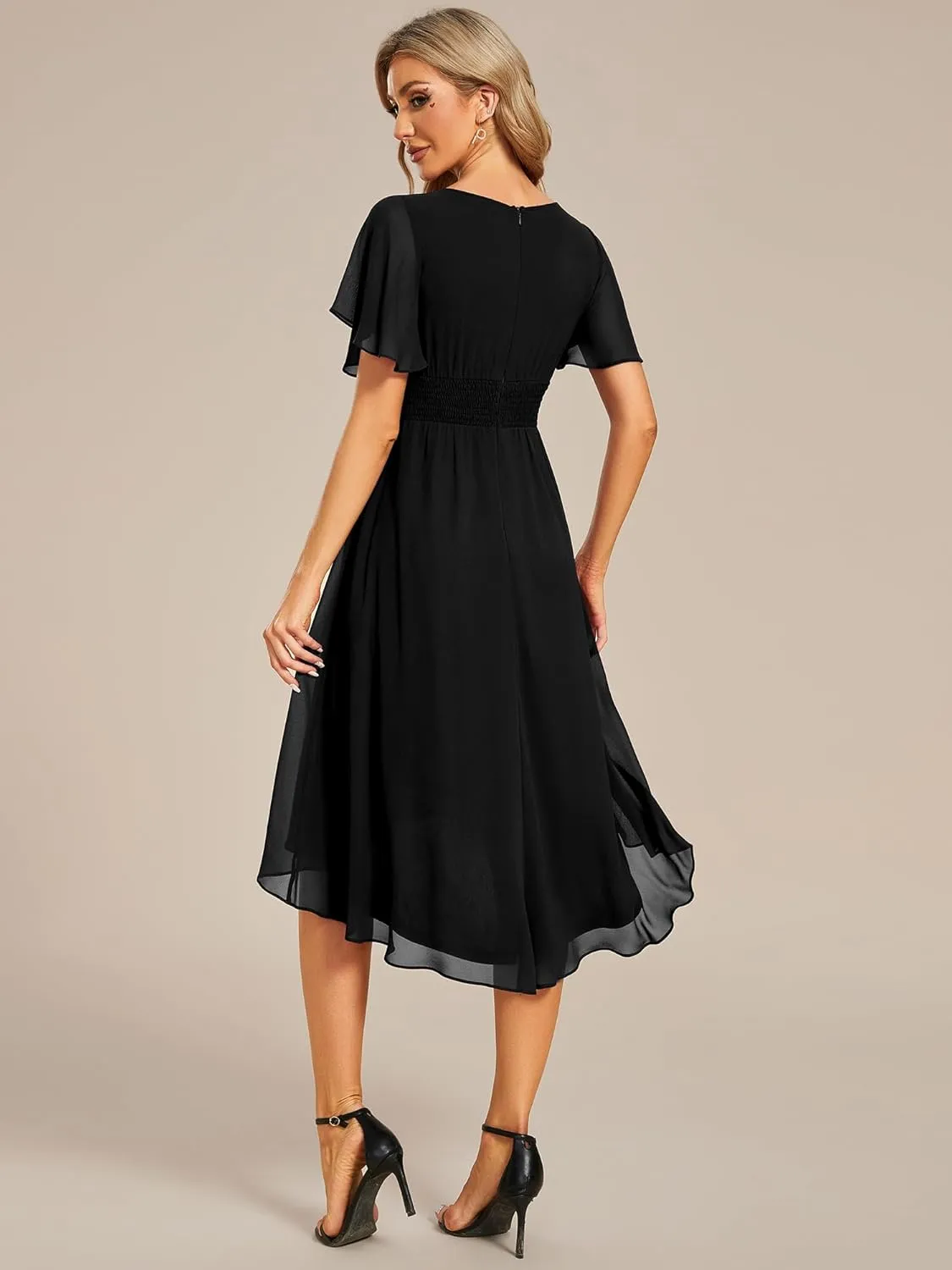 Ever-Pretty Women's Chiffon Crew Neck Pleated Waist Short Sleeve Wedding Guest Dress 02053