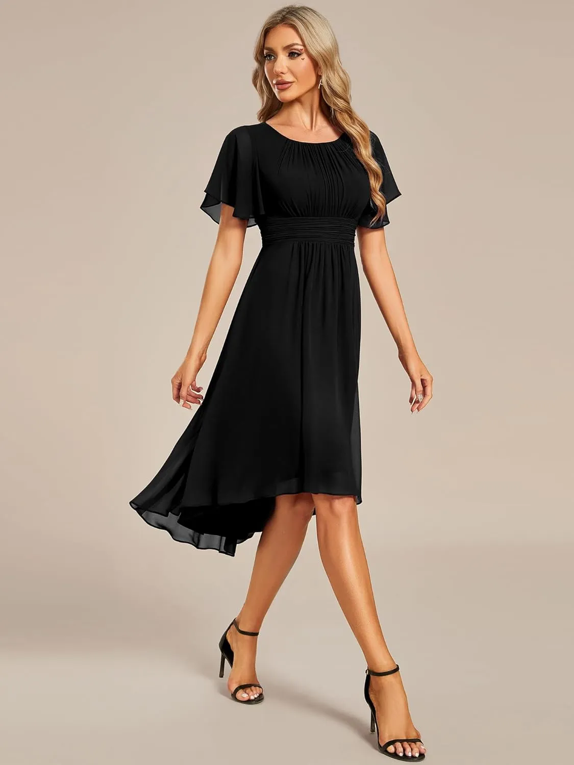 Ever-Pretty Women's Chiffon Crew Neck Pleated Waist Short Sleeve Wedding Guest Dress 02053