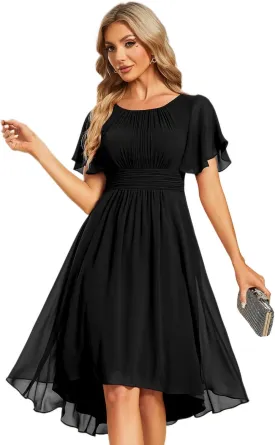 Ever-Pretty Women's Chiffon Crew Neck Pleated Waist Short Sleeve Wedding Guest Dress 02053