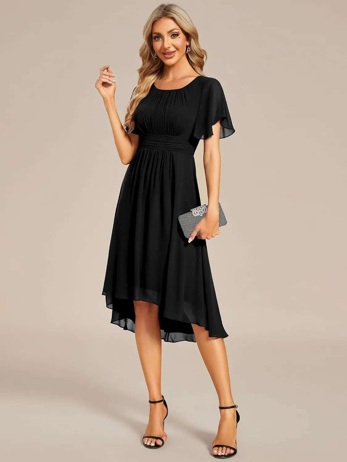 Ever-Pretty Women's Chiffon Crew Neck Pleated Waist Short Sleeve Wedding Guest Dress 02053