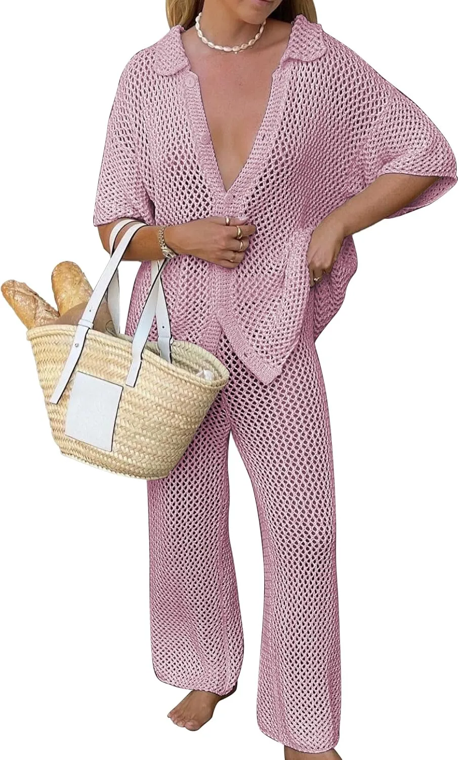 Famulily Womens Sexy Hollow Out Swimsuit Cover Up Sets Button Up Tops and Drawstring Pants 2 Piece Beach Set