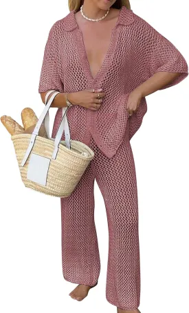 Famulily Womens Sexy Hollow Out Swimsuit Cover Up Sets Button Up Tops and Drawstring Pants 2 Piece Beach Set