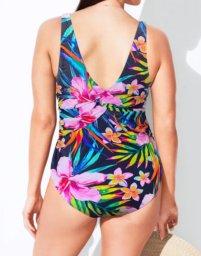 Flower Ruched V-Neck One Piece Swimsuit