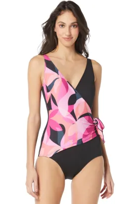 Gabar Island Abstract Surplice V-Neck Swimwsuit G4N417 Pink Multi