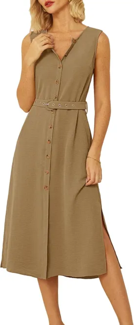 GRACE KARIN Women Casual Summer Dress 2025 Business Work Belted Sleeveless Button Down Shirt Midi Dresses with Pockets