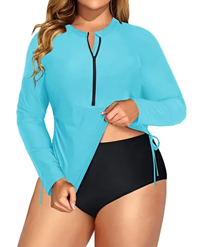 Half Zip Plus Size Swimsuit With Zip Up Top And Bottoms-Aqua