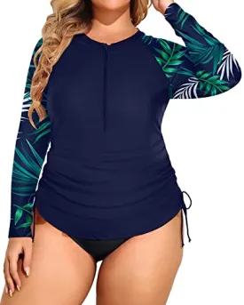 Half Zip Plus Size Two Piece Rash Guard Upf 50  Swimsuit-Blue Leaf