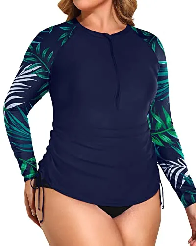 Half Zip Plus Size Two Piece Rash Guard Upf 50  Swimsuit-Blue Leaf