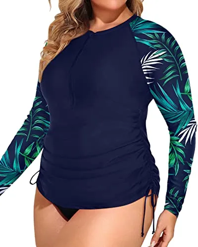 Half Zip Plus Size Two Piece Rash Guard Upf 50  Swimsuit-Blue Leaf