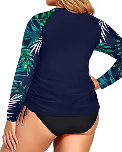 Half Zip Plus Size Two Piece Rash Guard Upf 50  Swimsuit-Blue Leaf