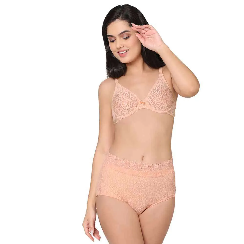 Halo Lace High Waist Full Coverage Everyday Wear Lace Panty - Peach