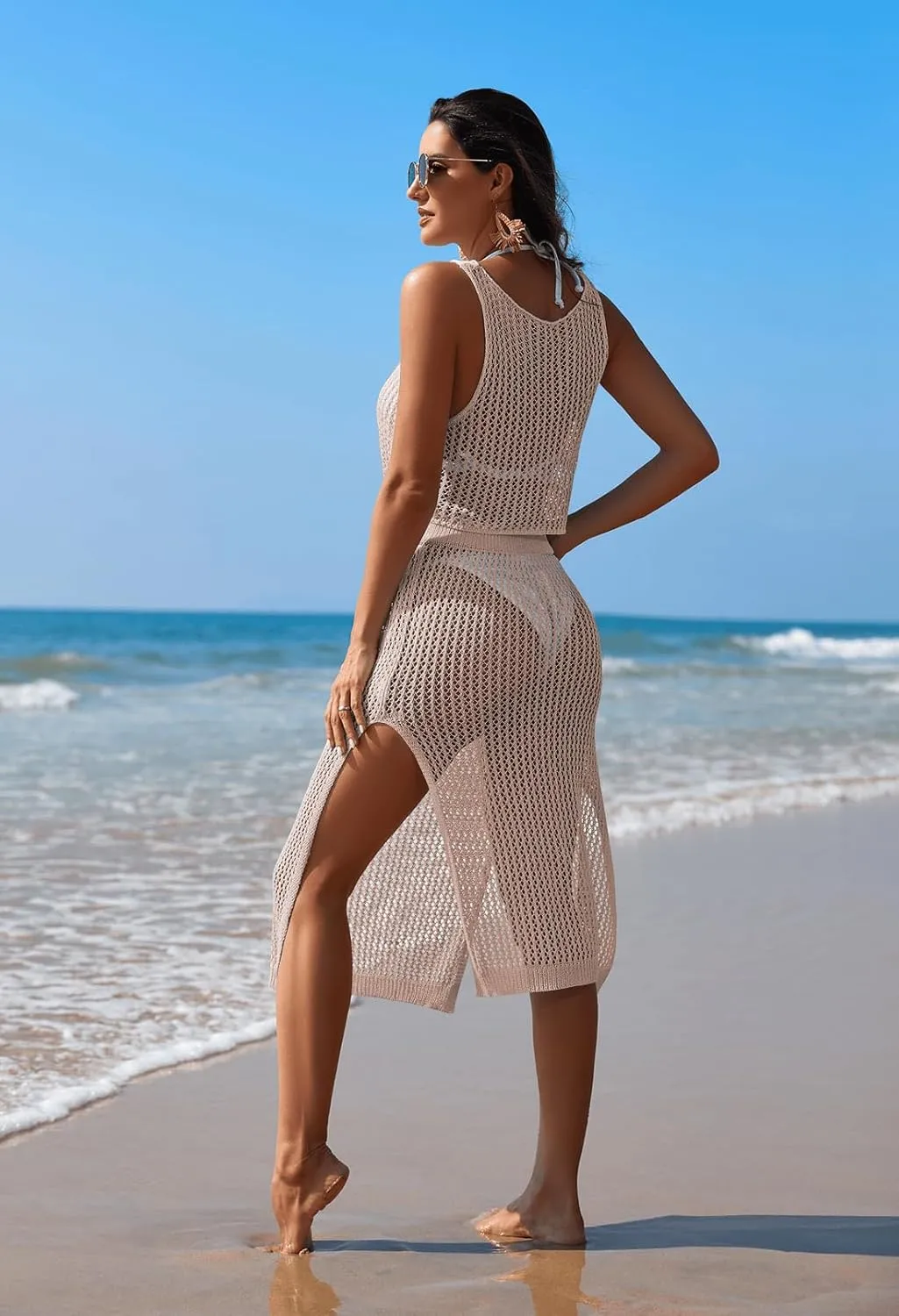 HUUSA Women's 2 Piece Crochet Swimsuit Coverups Hollow Out Bikini Bathing Suit Cover Up Swimwear Mesh Beach Slit Skirt Set