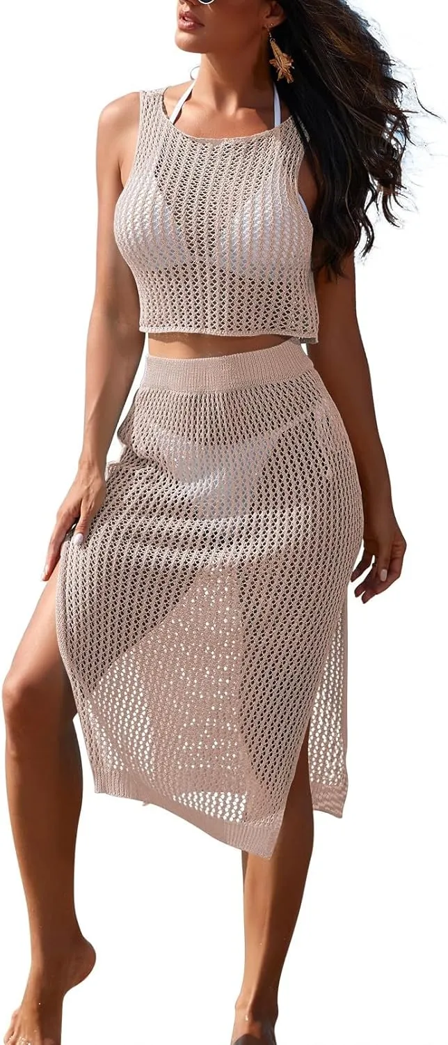 HUUSA Women's 2 Piece Crochet Swimsuit Coverups Hollow Out Bikini Bathing Suit Cover Up Swimwear Mesh Beach Slit Skirt Set