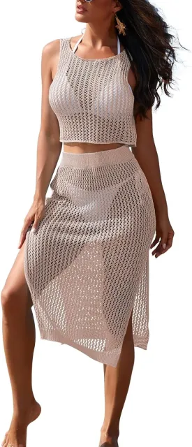 HUUSA Women's 2 Piece Crochet Swimsuit Coverups Hollow Out Bikini Bathing Suit Cover Up Swimwear Mesh Beach Slit Skirt Set