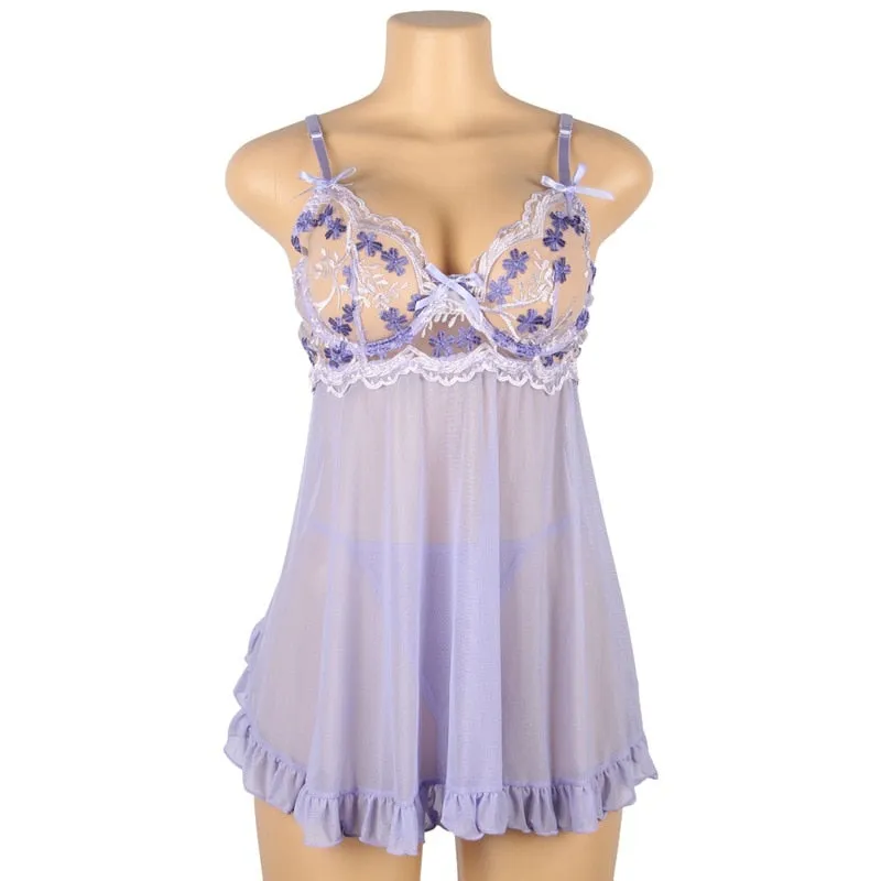 Lace Flower Embroidery Plus Size Ruffle Pajama Dress