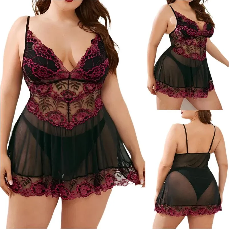 Ladies Sexy Lace Panel Pajama Dress – Sheer Lace Sleepwear & Suspender Nightdress