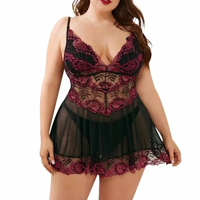 Ladies Sexy Lace Panel Pajama Dress – Sheer Lace Sleepwear & Suspender Nightdress