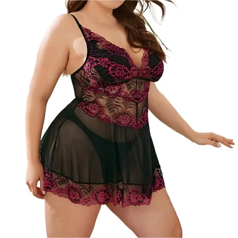 Ladies Sexy Lace Panel Pajama Dress – Sheer Lace Sleepwear & Suspender Nightdress