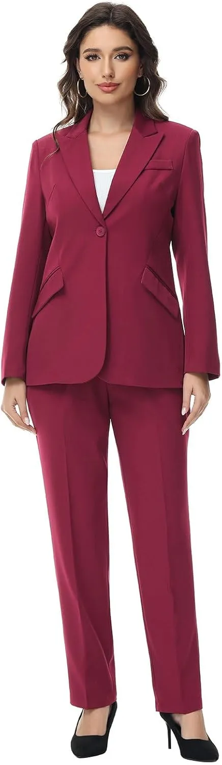 Lamgool Women Suit 2 Pieces Set One Button Lady's Business Formal Peak Lapel Blazer and Pants for Work