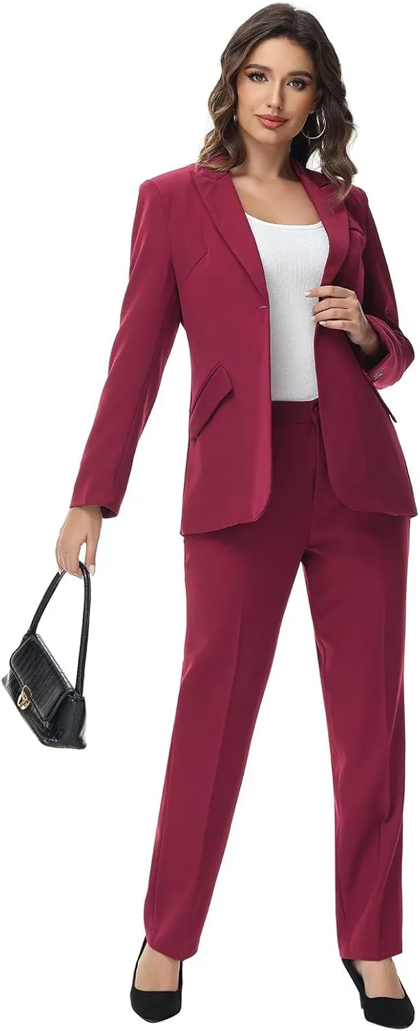 Lamgool Women Suit 2 Pieces Set One Button Lady's Business Formal Peak Lapel Blazer and Pants for Work