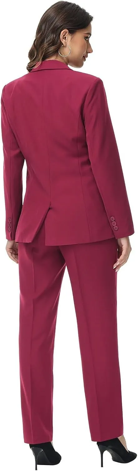 Lamgool Women Suit 2 Pieces Set One Button Lady's Business Formal Peak Lapel Blazer and Pants for Work