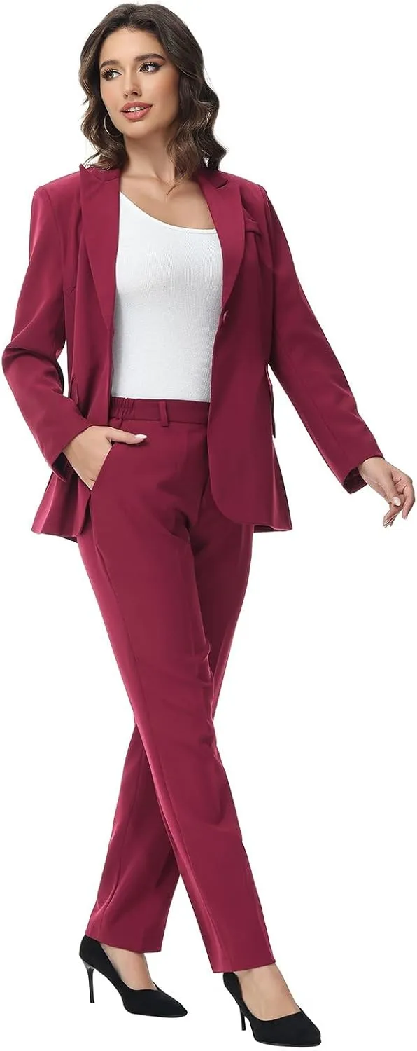 Lamgool Women Suit 2 Pieces Set One Button Lady's Business Formal Peak Lapel Blazer and Pants for Work