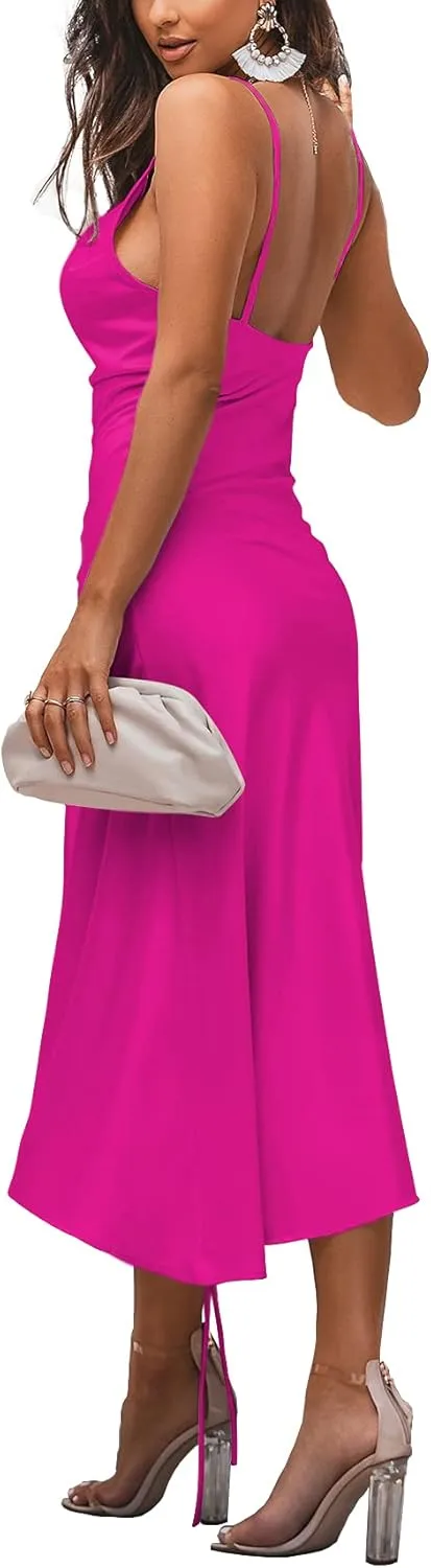 LYANER Women's Satin Spaghetti Straps Cowl Neck Sexy Ruch Cocktail Midi Dresses